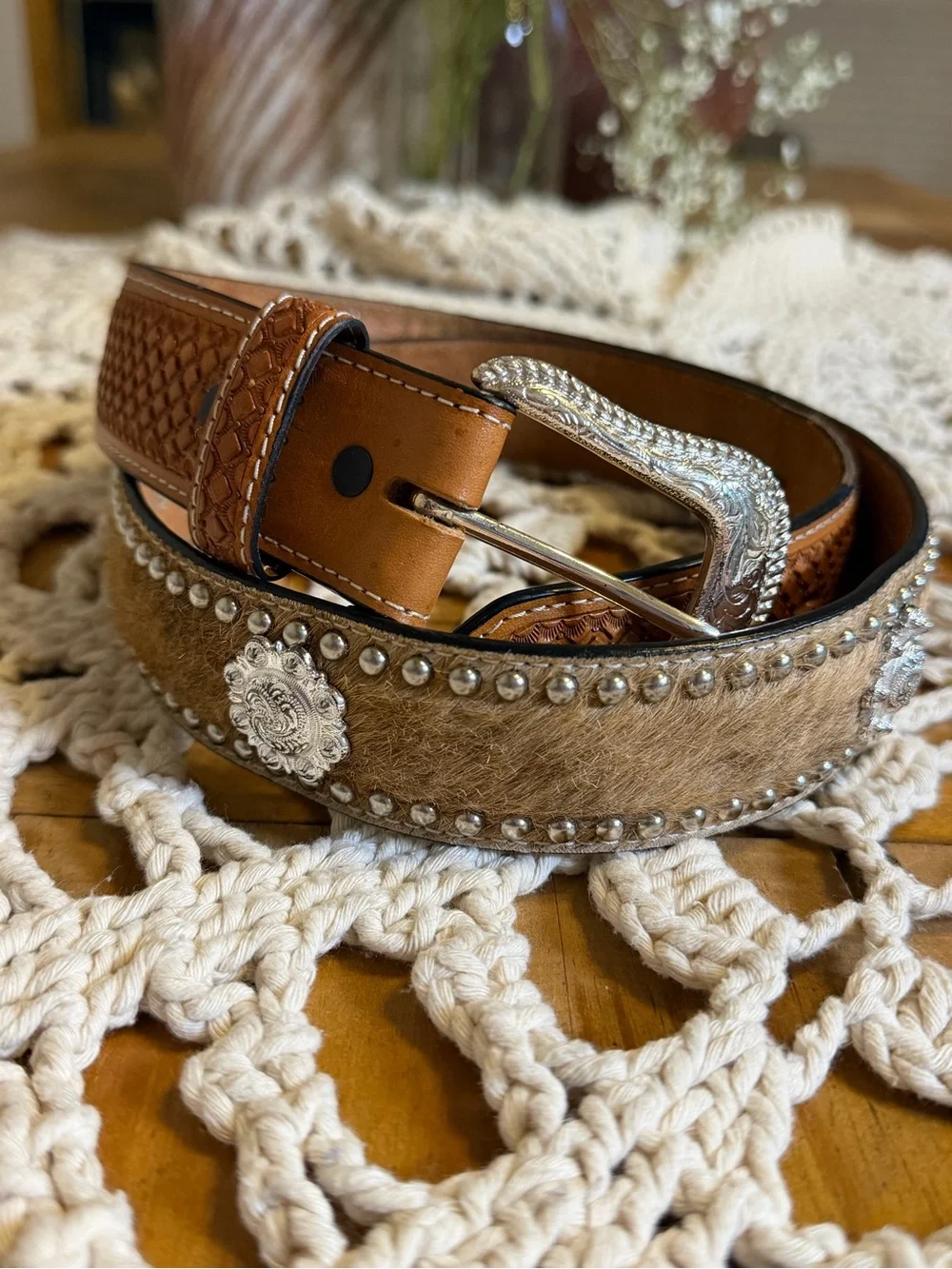 Ranger Belt Company Western Cowhide Hair On Hide Tooled Leather Belt 38